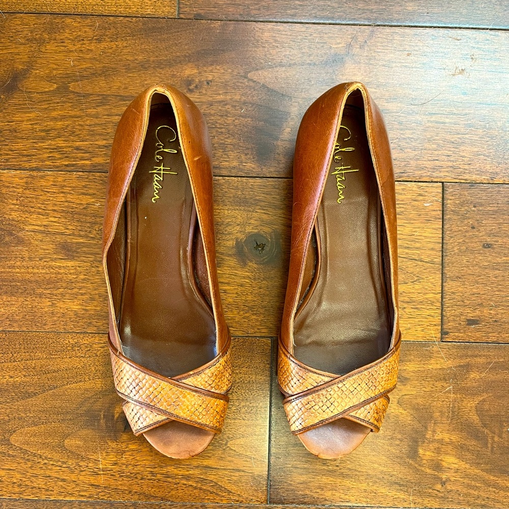 COLE HAAN Air Elly Crisscross Woven Brown Leather Peep-Toe Wedge